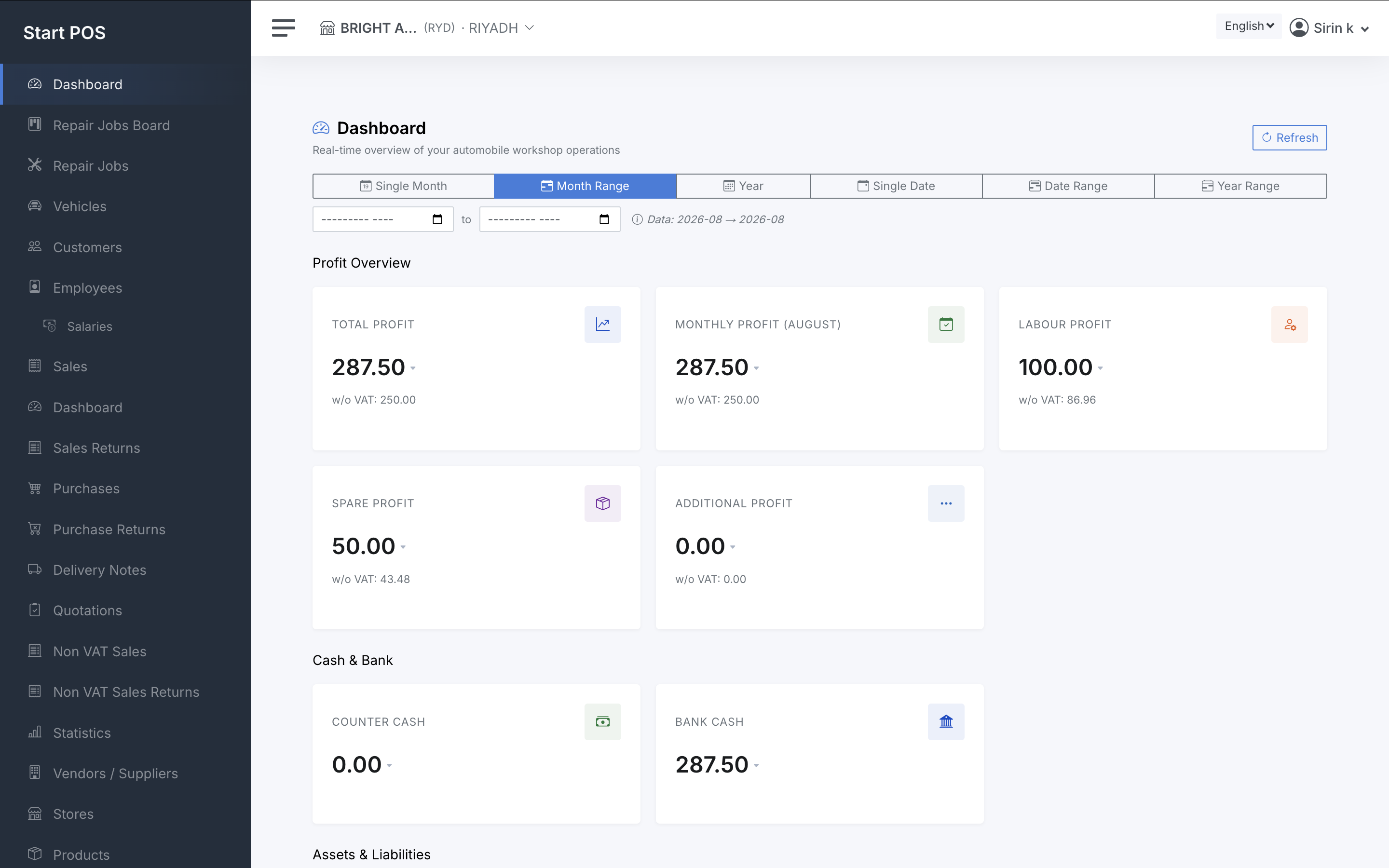 StartPOS workshop dashboard — profit overview with labour and spare parts profit, cash and bank